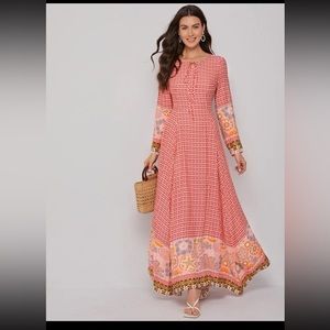 SHEIN Mulvari All Over Print Tie Neck Asymmetrical Hem Dress